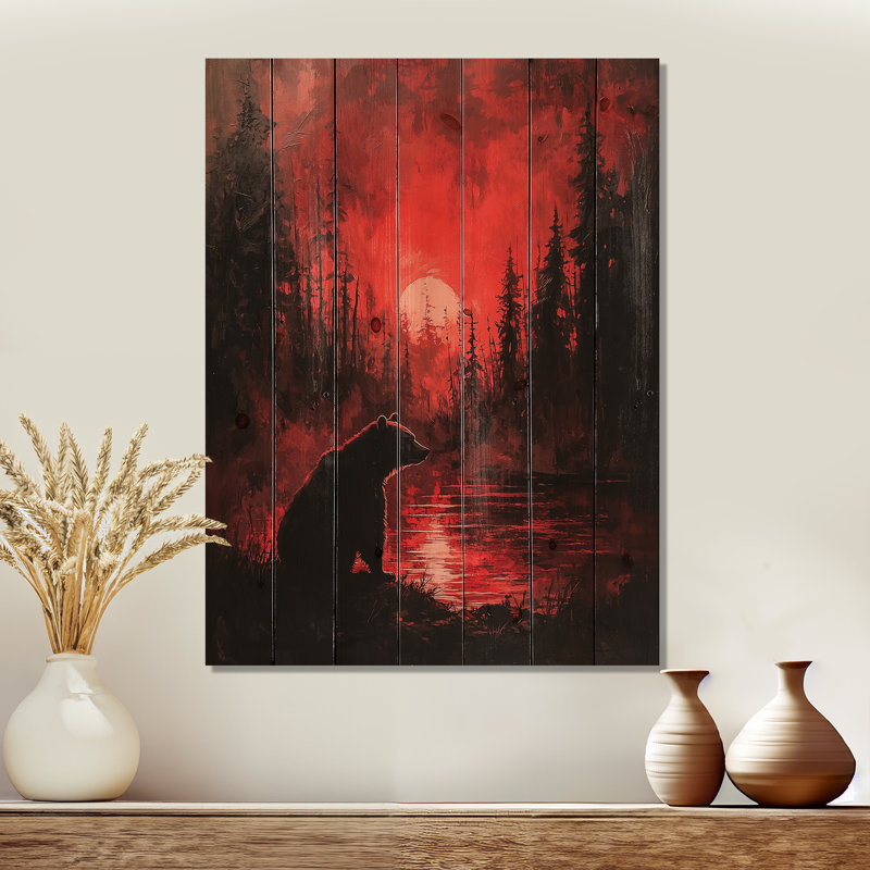 Ours par la forêt du lever du soleil - Décoration murale ours en bois - sur bois de pin naturel, H 44 po x l 34 po