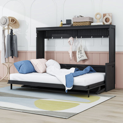 Wood Murphy Bed with Built in USB Charging Station, LED Lights and Desk