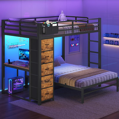 Lit superposé avec bureau, lit superposé double au-dessus de double avec 5 tiroirs de rangement et station de charge, brun rustique