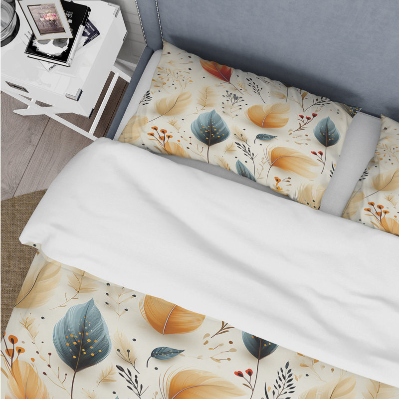 Floral Duvet Cover Set - Neutrals Beige Feathers Boho Pattern, Queen Duvet Cover + 2 Standard Shams