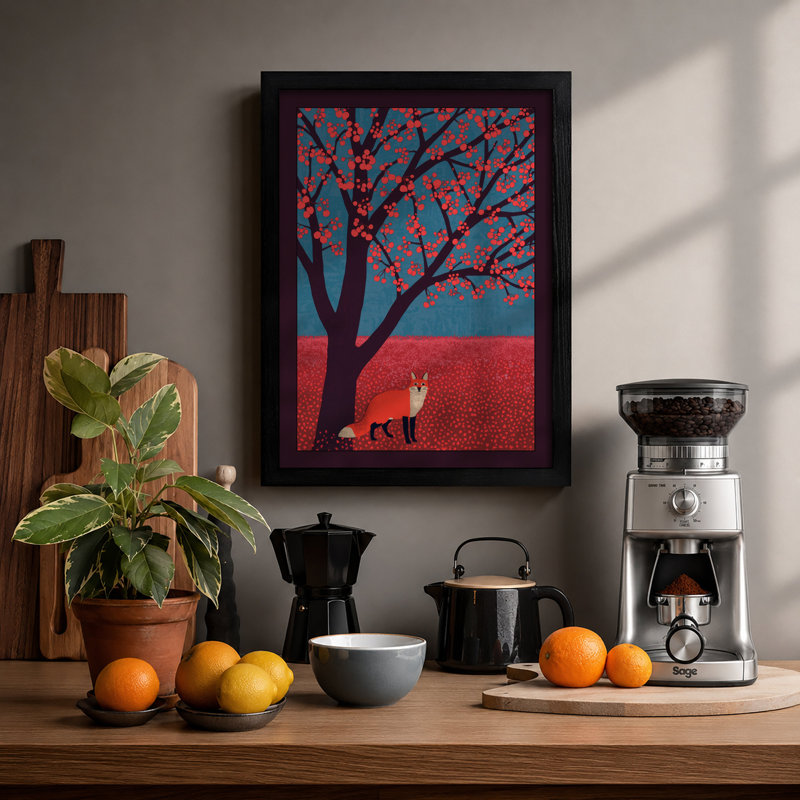 Fox Beneath the Tree Boho - Framed Print, A4 - 29.7 x 21.0 cm, Walnut