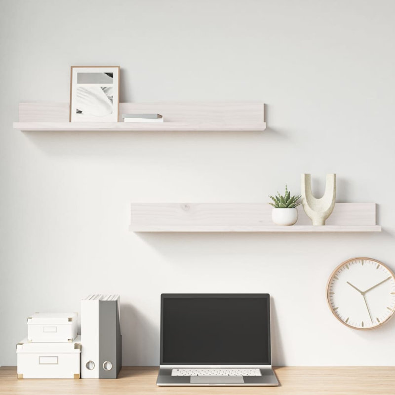 Wall Shelves 2 Pcs Solid Wood Pine, White, 9cm H x 80cm W x 11cm D