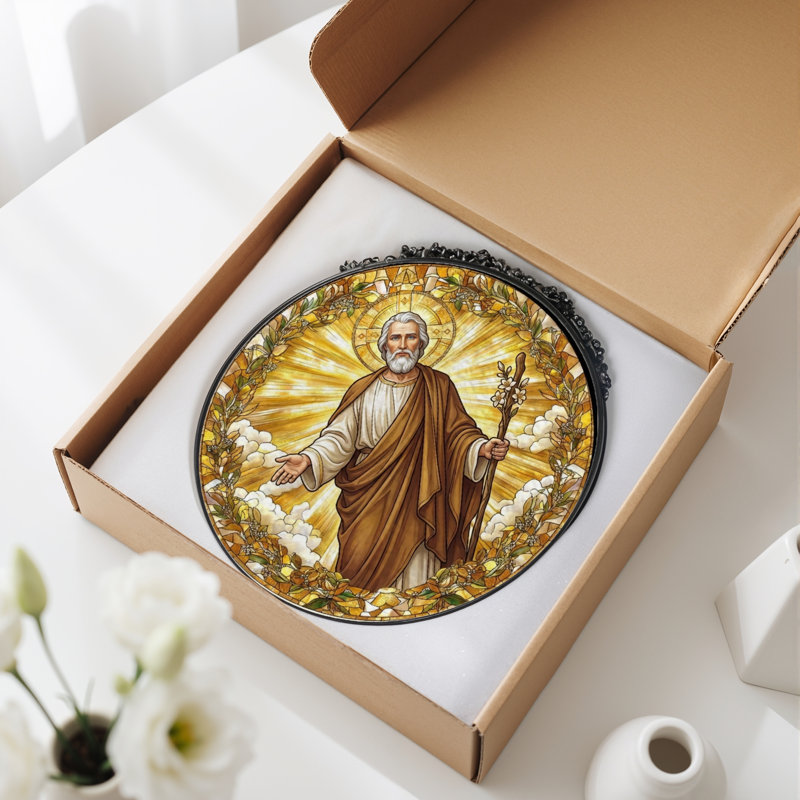 Saint Figure Stained Glass Window Panel，12"H, 12"H