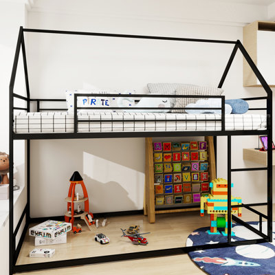 Black Iron Twin Over Bunk Bed, Heavy - Duty Build, Noise Reduced For Quiet Sleep, 13" Guardrails, No Box Spring Needed, Low To Ground Lower Easy Access Upper 3 Step , Fixed Slats Mattress Sliding,