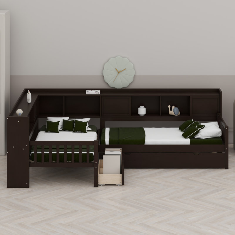 Lit plateforme en L avec lit gigogne, tiroirs et tablettes de rangement, Espresso