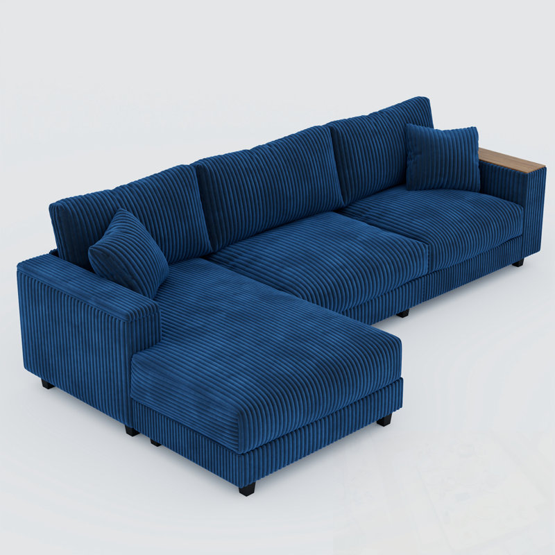Corduroy L Shaped Xanthe Sofa with chaise and armrest storage, Antique Blue
