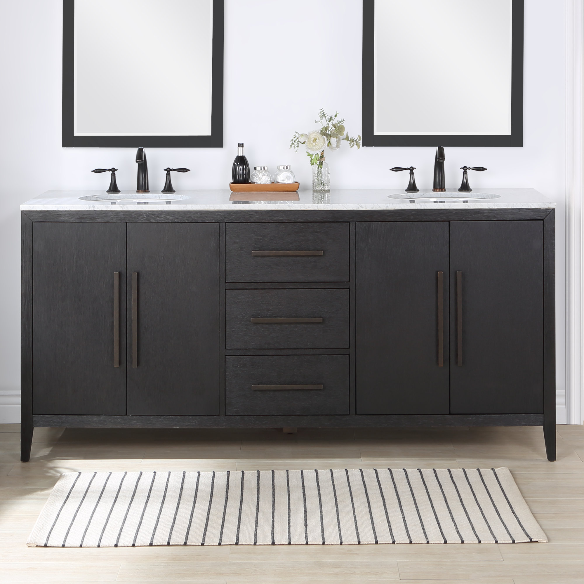 Alsup 60" Double Bathroom Vanity with Carrara Marble Top, Wire Brushed Dark Oak