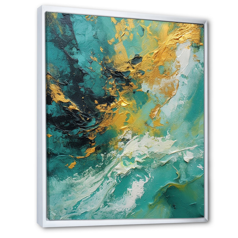 «Golden Turquoise Waves Breaking Abstract I», reproduction d'art sur toile, H 44 po x l 34 po x P 1,5 po