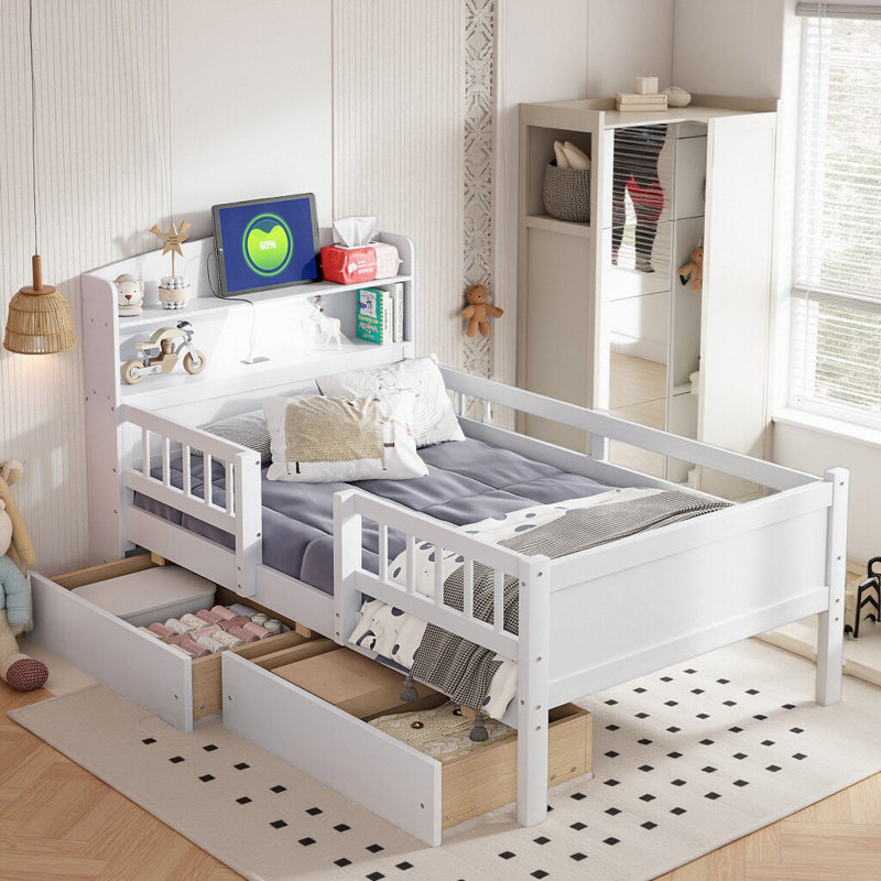Lit plateforme multifonctionnel avec lumière USB à DEL avec barrière de sécurité multifonctionnelle Smart Furniture, Blanc