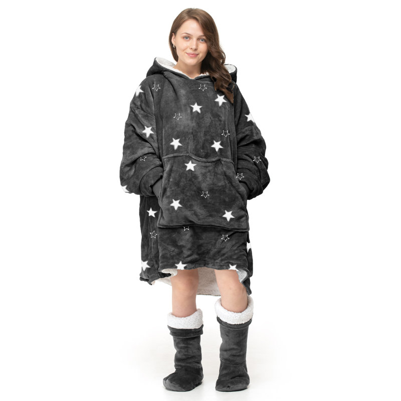 Abhaki Junior Snug Oversize Fun Print Hoodie Blanket Thermal Cosy With Pocket, Grey