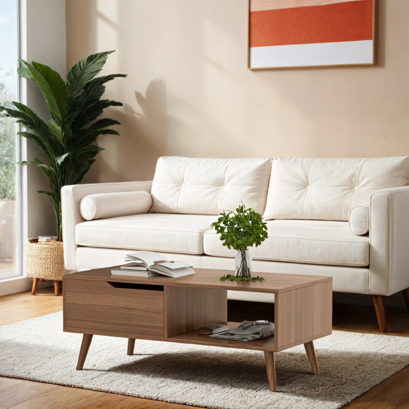 39'' Coffee Table, Mid Century Modern Coffee Table with Drawer & Shelf,, Brown