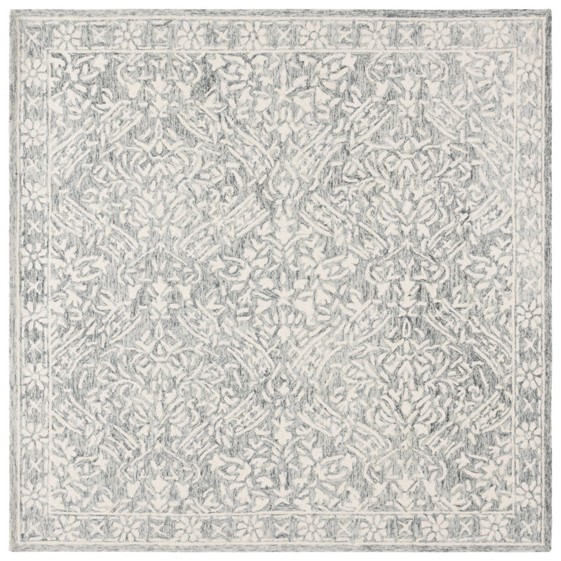 Ivory and Gray Round Tufted Wool Trellis Rug
