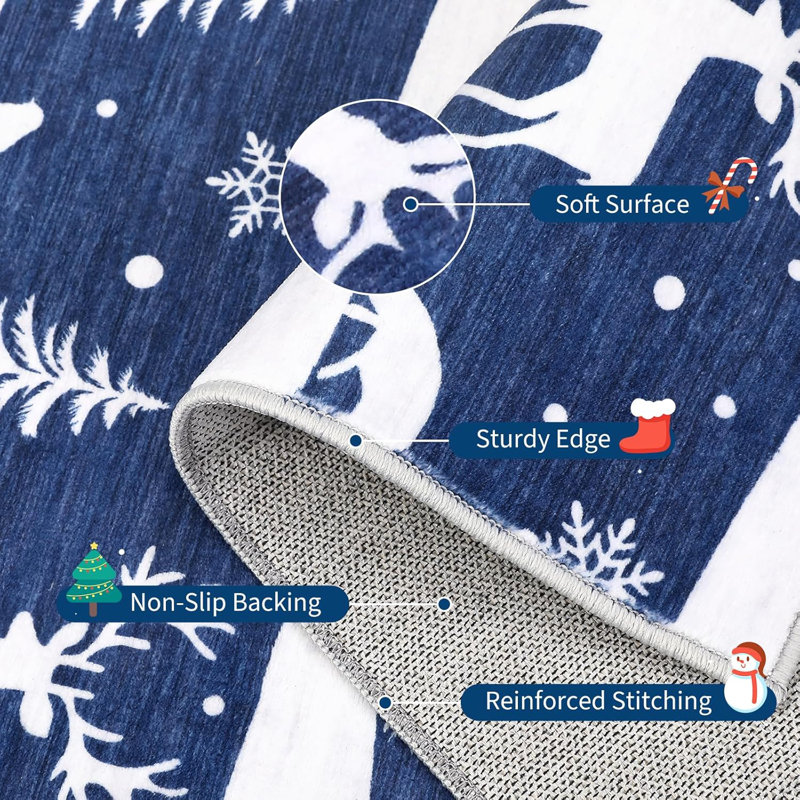 8x10 Christmas Area Rug with Tree Reindeer Snowflake, Washable Non Slip Rug, Blue, Rectangle 8' x 10', Blue