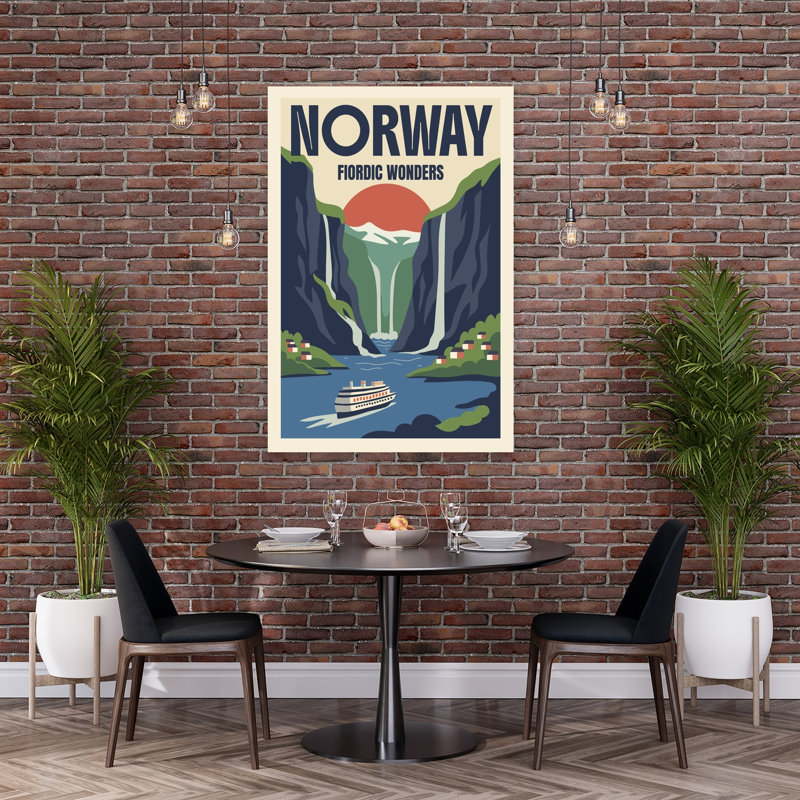 Scenic Fjord Cruise Dramatic Retro Tranquil Landscape Mountain Wall Art Print 1 Piece Wrapped Canvas Wall Art