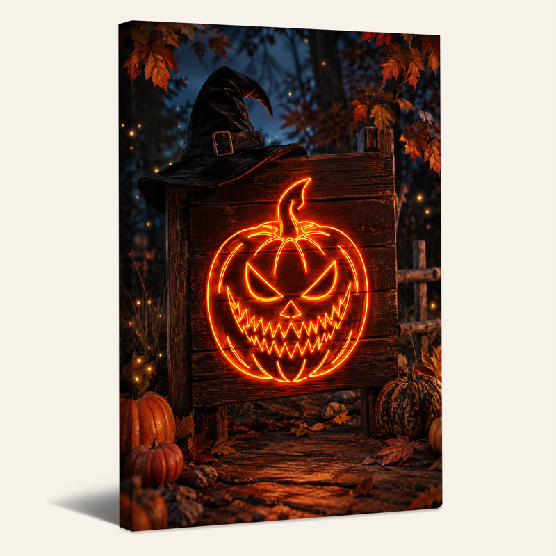 Visage de citrouille orange néon avec chapeau de sorcière sur toile d'Halloween rustique, H 36 po x l 24 po