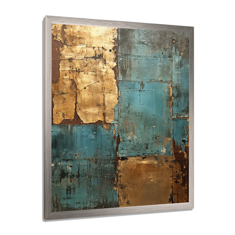 Kintsugi rétro glam rétro or sur turquoise - Art abstrait géométrique encadré, H 32 po x l 24 po x P 1 po, Cadre simple gris