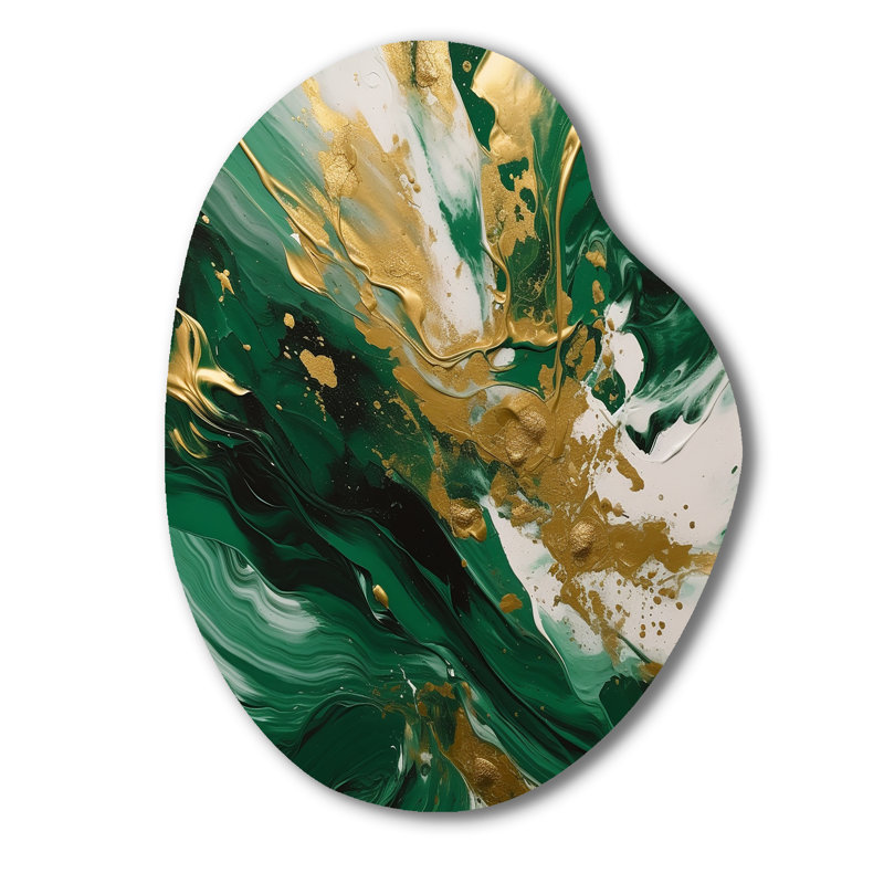 «Green and Gold Serene Cascade II», art mural asymétrique abstrait en métal, forme d'art moderne unique en métal