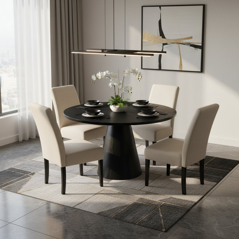 Chaises de salle à manger rembourrées Chatwin avec table ronde minimaliste en bois d'hévéa, Noir
