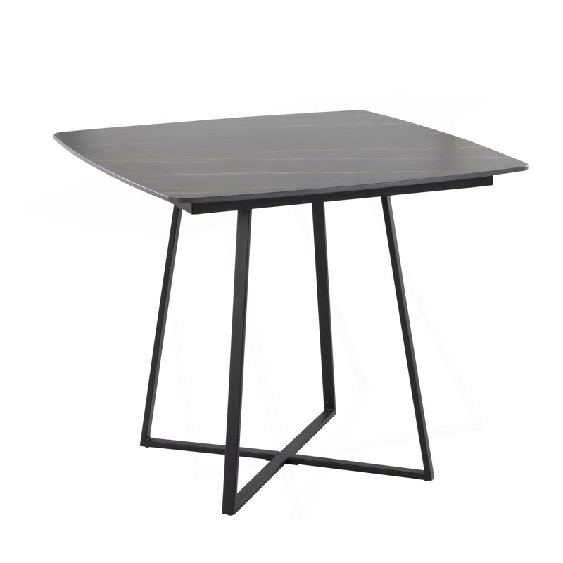 Table de salle à manger avec base en métal noir et bois noir avec plateau en céramique effet marbre noir