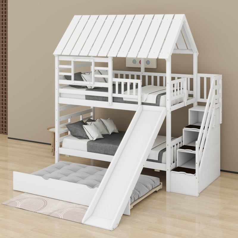 Twin Over Twin Bunk Bed With Trundle, White