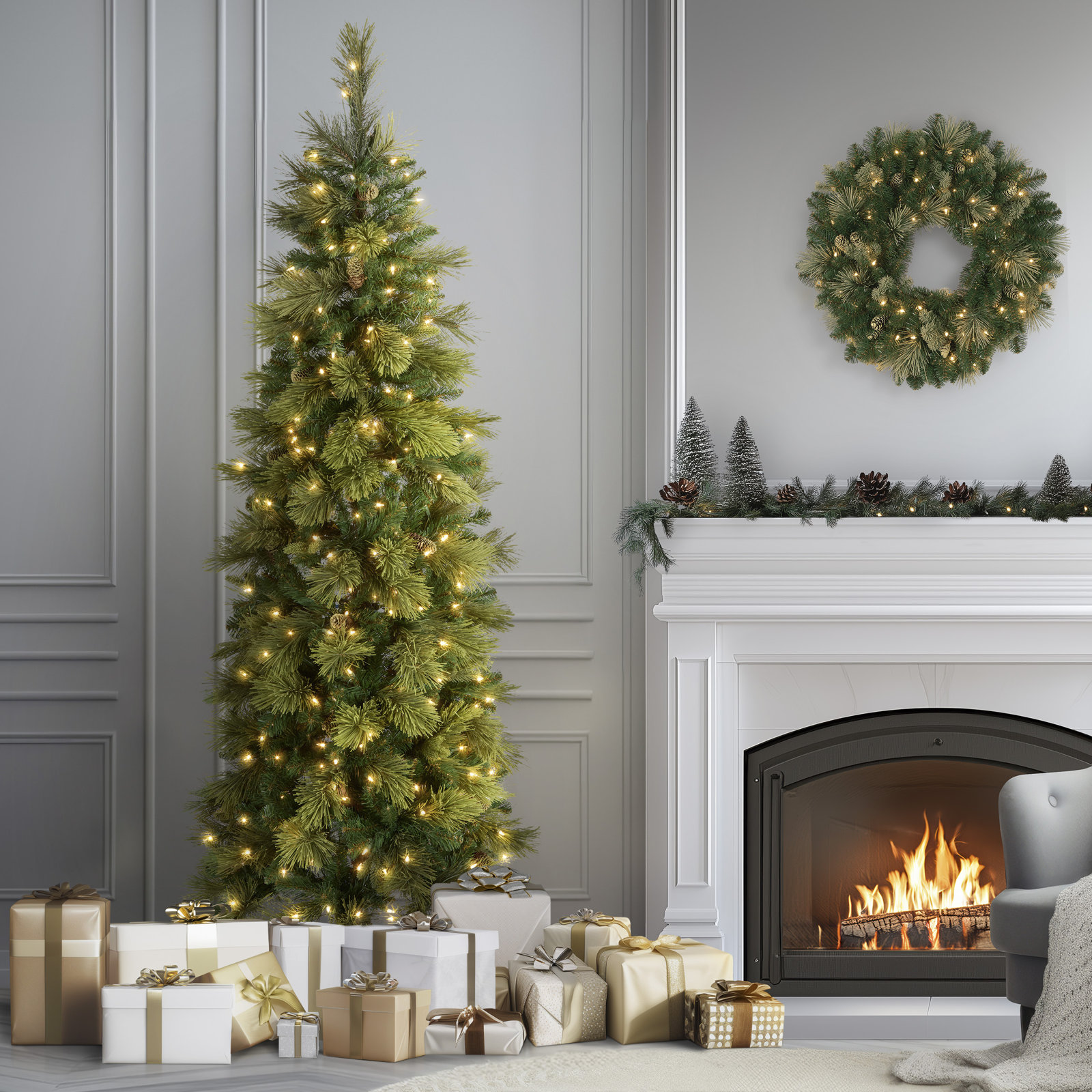 The Holiday Aisle® Carolina Pine Slim Tree with Clear Lights, 6.5'