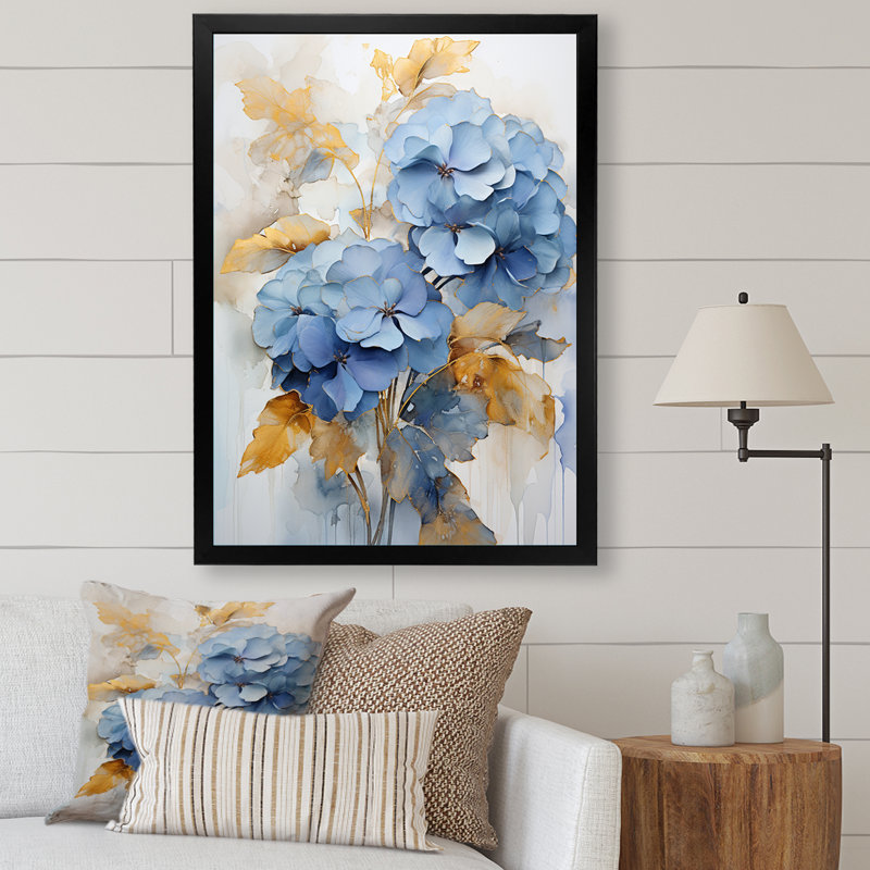 Bouquet d'éclat bleu et doré minimalisme, H 32 po x l 16 po x P 1 po, Cadre simple noir