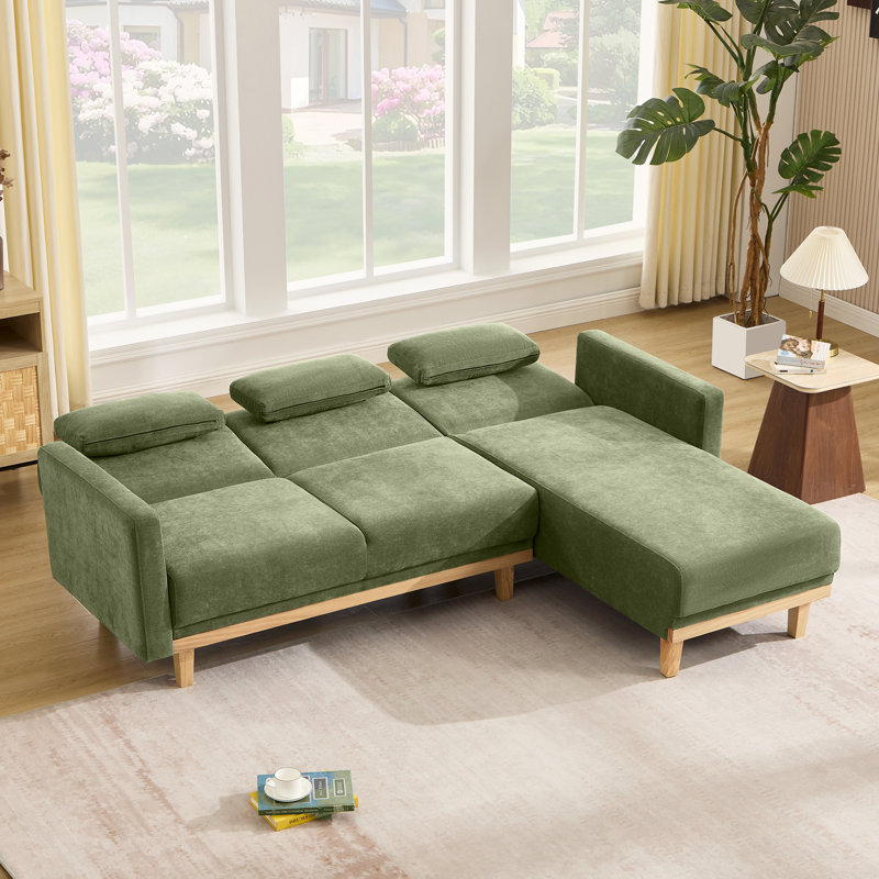 86.61" W Reversible L-Shaped Chenille Sectional, Green Chenille