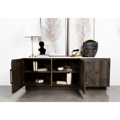 3-Door Tobacco Grey Marble Top Sideboard Buffet With Subtle Pattern And Interior Shelving For Entertaining In Modern Dining Top, Checkerboard Door, Tall Metal Handles Living Areas