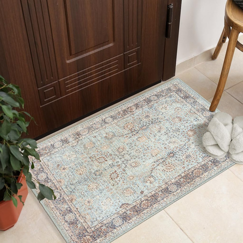 GLN Rugs Traditional Collection - Machine Washable Area Rug, Traditional Washable Rug, Non Slip Washable Rug, Low Pile Chenille Living Room Rug, Bedroom Rug, Kitchen Rug (Blue Floral Rug)