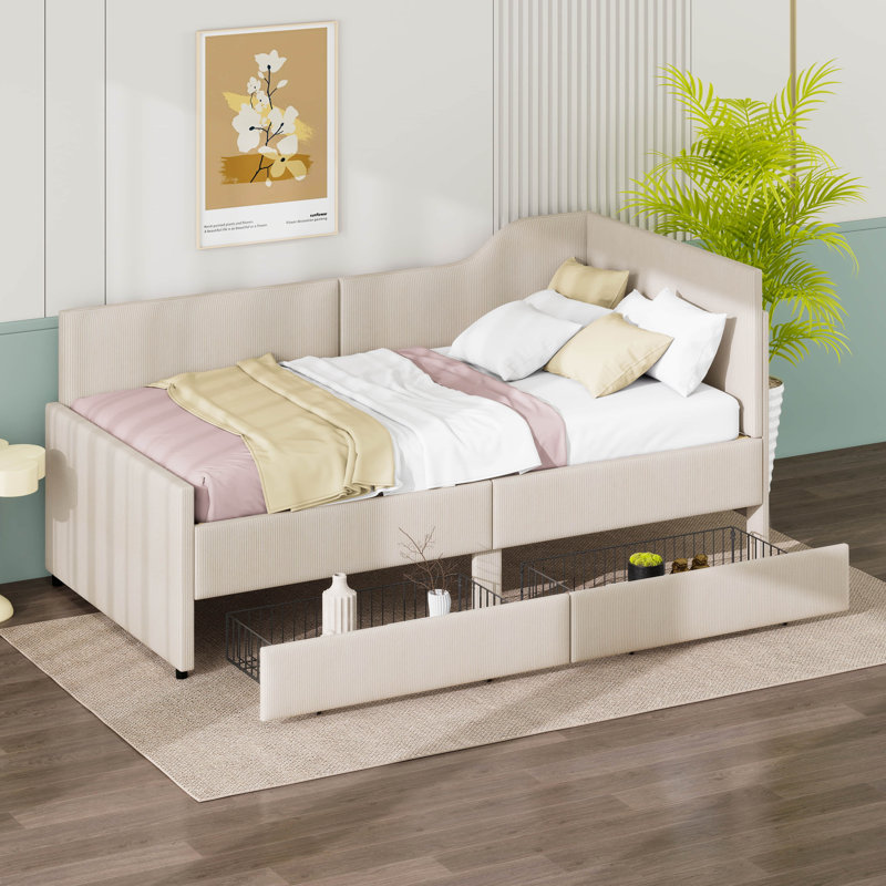 Tallis  L-Shaped Corduroy Daybed,Upholstered Bed Frame With 2 Storage Drawers, Beige