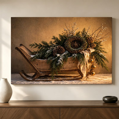 Tableau sur toile encadré représentant un traîneau de Noël doré, avec cadre flottant brun, format horizontal hivernal, idéal pour le salon, 61 cm (H) x 91 cm (L)
