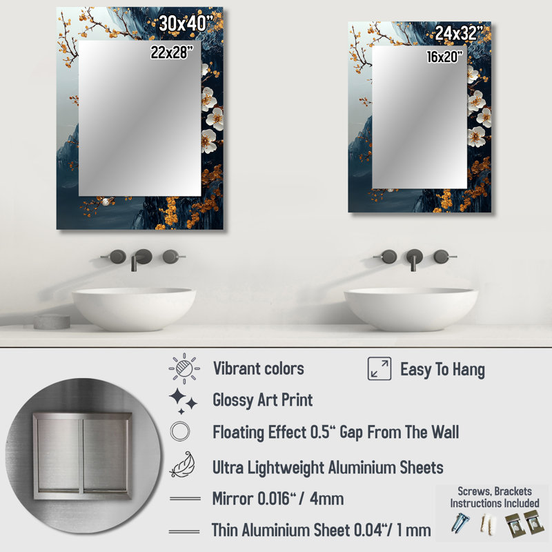 «Blue Cherry Blossom Branches On Mountain I» - miroir cerisier en fleurs, art mural, 32 po x 24 po