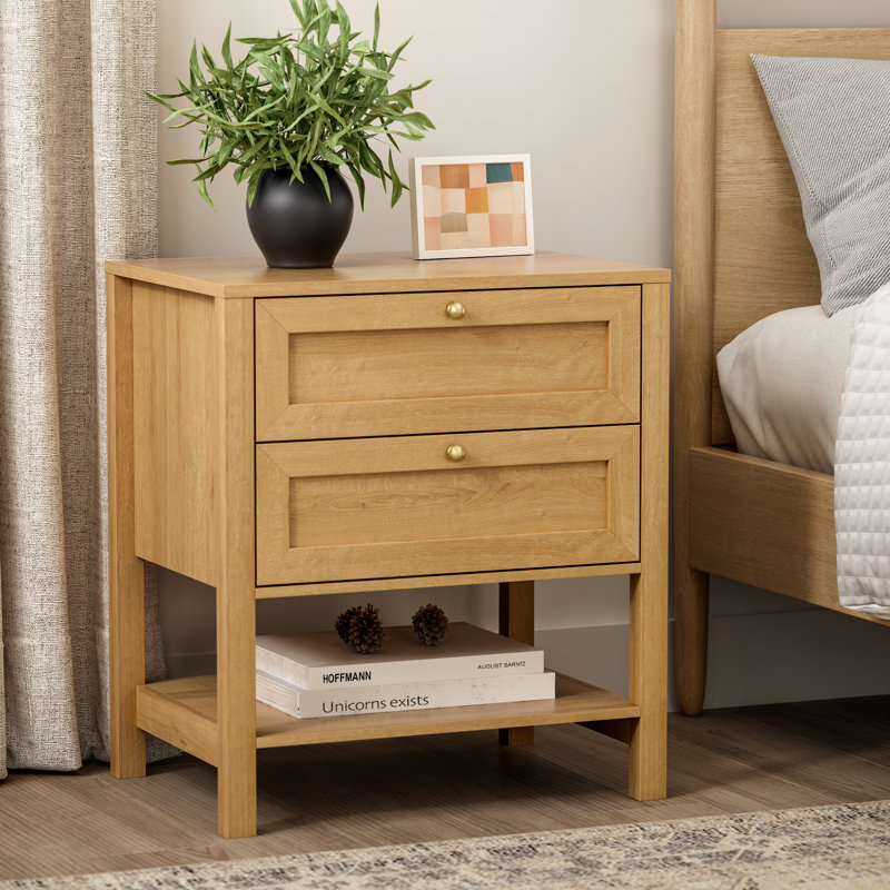Table de chevet en bois avec 2 tiroirs et tablette, Chêne