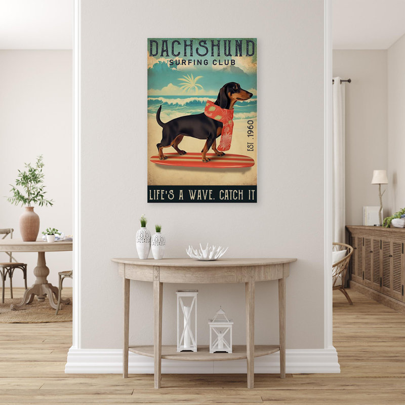 Dachshund Surfing Club - 1 pièce, impression sur toile tendue, H 36 po x l 24 po x P 1,25 po