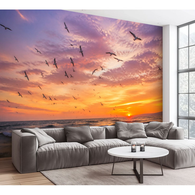 Papier peint adhésif autocollant Flock Birds Ocean Colorful Sunset, L 99,6 po x l 144 po