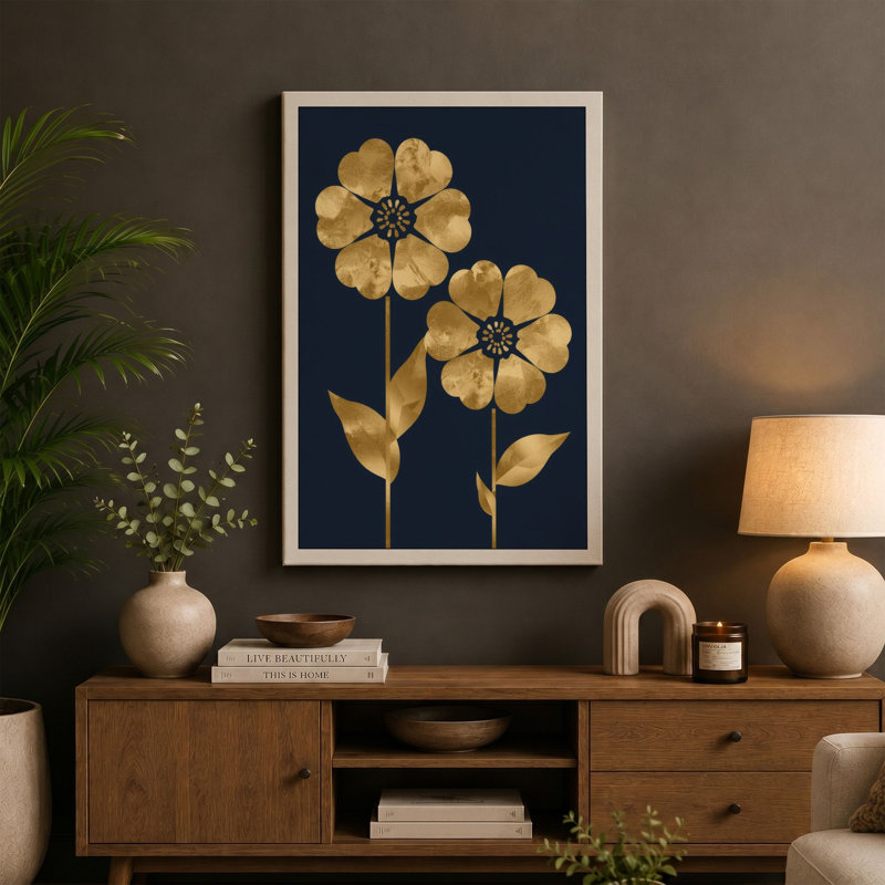 Golden Blooms Botanical - Wrapped Canvas, 24x16 - 61.0 x 40.6 cm, Taupe Border