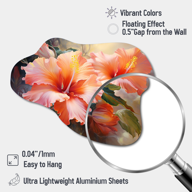 Hibiscus Romantic Impression IV - Hibiscus Irregular Shape Metal Wall Decor, Traditional Asymmetrical Metal Art Print