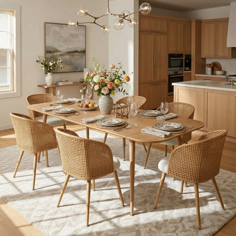 Ensemble de table de salle à manger 6 personnes Atkins avec table extensible et 6 chaises rembourrées en tissu