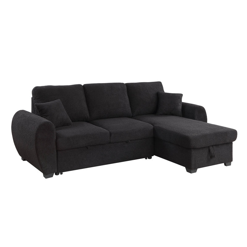 Jaimeela Veronica 95" Black Teddy Fleece Reversible Sleeper Sectional Sofa With Storage Chaise