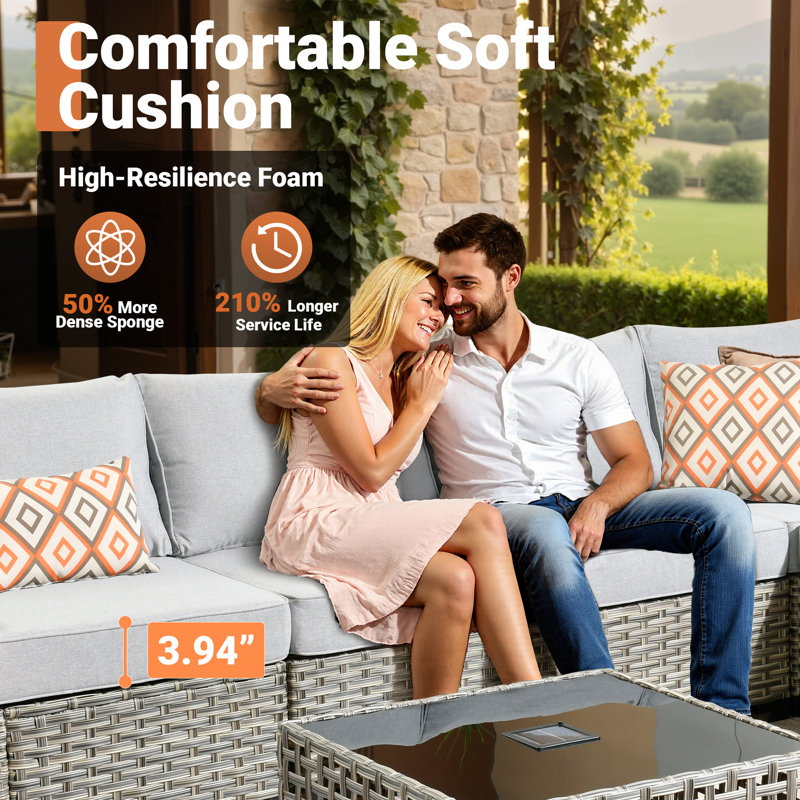 Wahkon Wicker/rattan 5 - Person Wicker Sectional Seating Group with Lighted Coffee Table, Modern Modular Outdoor Conversation Set with Cushions