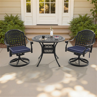 Complete Dining Set with 1 Black Round Table & 2 Swivel Chairs, Blue Cushions, Suitable for Yard Patio