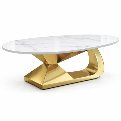 Table basse ovale de 130 cm (51,2 po) avec plateau en pierre frittée et piètement en acier inoxydable doré