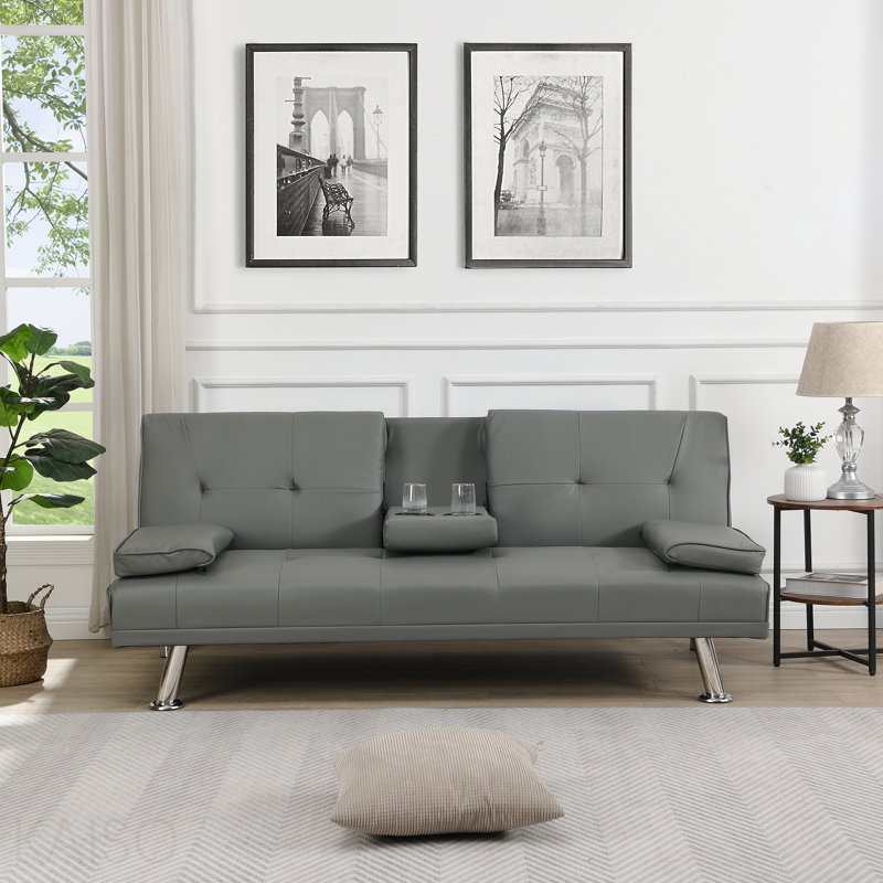 Canapé-lit avec accoudoirs à deux supports, structure en bois, pieds en acier inoxydable, futon gris PVC, Gray