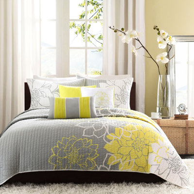 Courtepointe réversible en coton avec coussins, jaune, grand lit double et jaune, literie