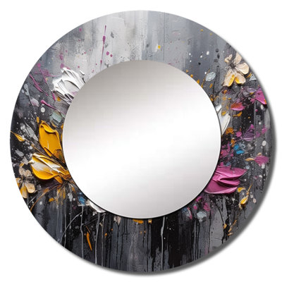 Omya Flowers With White Butterflies I - Floral Decorative Wall Mirror, Pink Round Mirror, Printed Metal Art