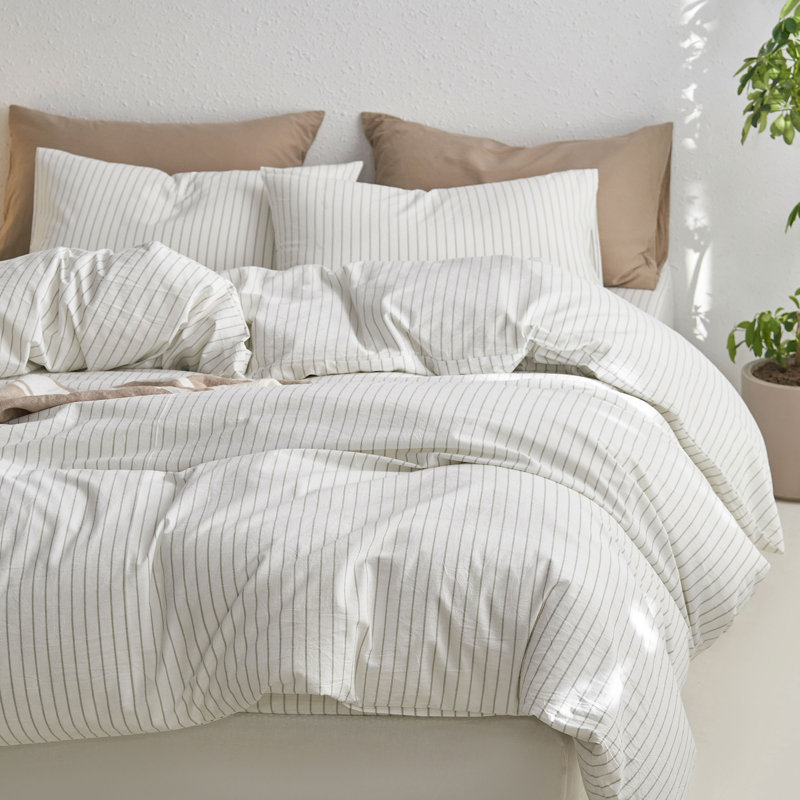 Ensemble de housse de couette à rayures 100% coton lavé MooMee, Larges rayures - blanc / vert sauge