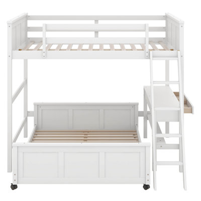 Lit superposé double au-dessus de double avec bureau intégré et tiroirs de rangement, cadre de lit superposé en bois avec garde-corps et échelle