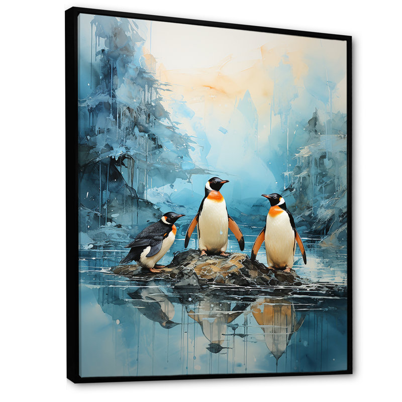 Pingouins antarctiques élégance IV sur toile, Cadre flottant noir, H 32 po x l 16 po x P 1 po