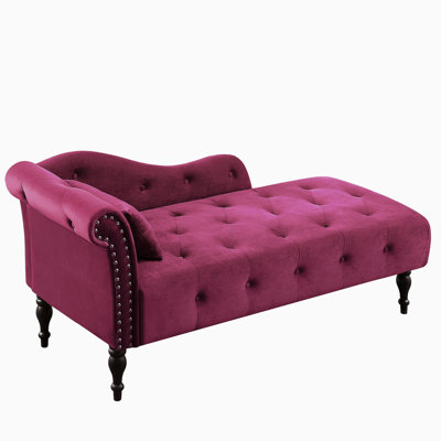 60.6" Velvet Chaise Lounge In Burgundy With Buttons, Nailhead Trim, Solid Wood Legs And A Relaxed - Style Pillow Elegant