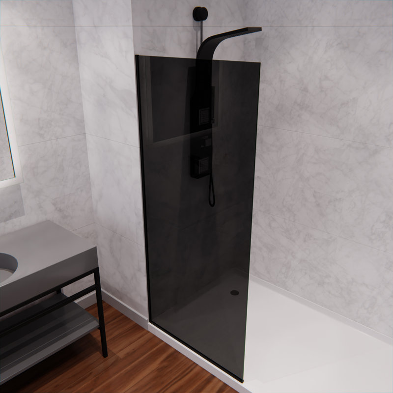 Porte de douche fixe sans cadre en verre trempé noir mat avec garde de raz-de-marée 34 po x 74 po Screen Series, Noir